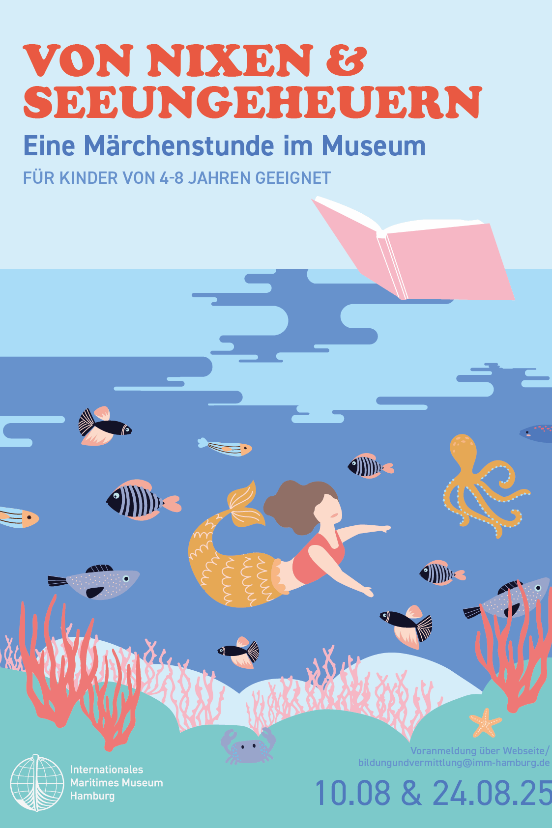 Buntes Plakat mit einer Meerjungfrau, umgeben von Fischen, Krake, Korallen, Krabbe und Seestern; darüber ein aufgeschlagenes Buch und Veranstaltungstitel mit Terminen.