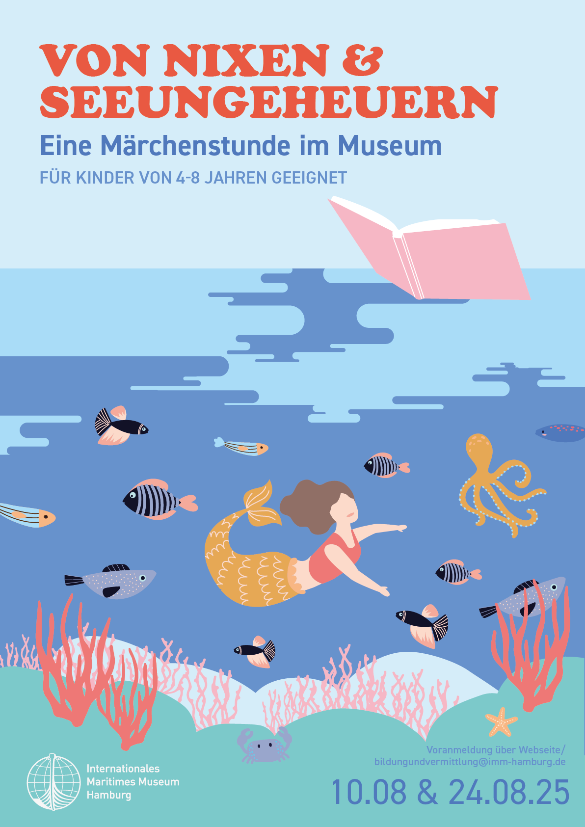 Buntes Plakat mit einer Meerjungfrau, umgeben von Fischen, Krake, Korallen, Krabbe und Seestern; darüber ein aufgeschlagenes Buch und Veranstaltungstitel mit Terminen.
