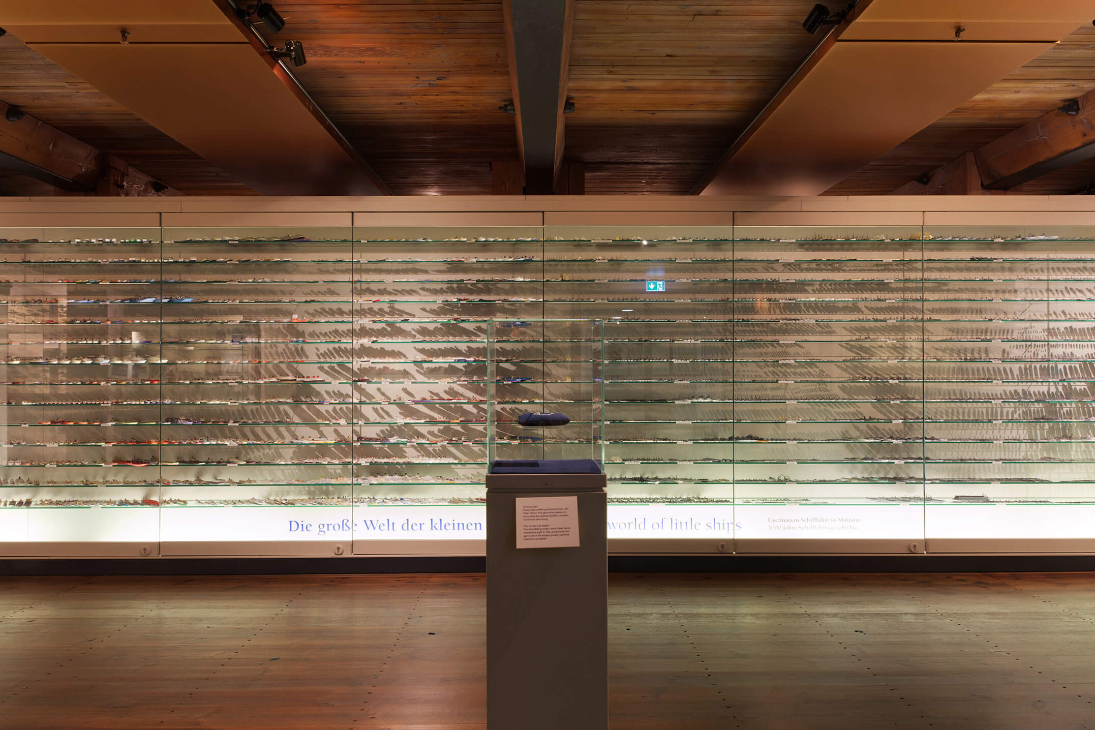 Wandfüllende Glasvitrine mit Reihen kleiner Schiffsmodelle und einem zentralen Podest mit einer Glasvitrine.