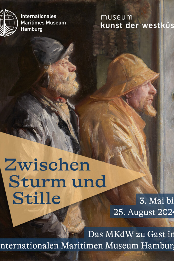 Plakat mit gemaltem Porträt zweier älterer Fischer in Ölzeug und Hüten, die aus einem Fenster blicken; darüber und darunter Titel und Ausstellungsdaten eingeblendet.