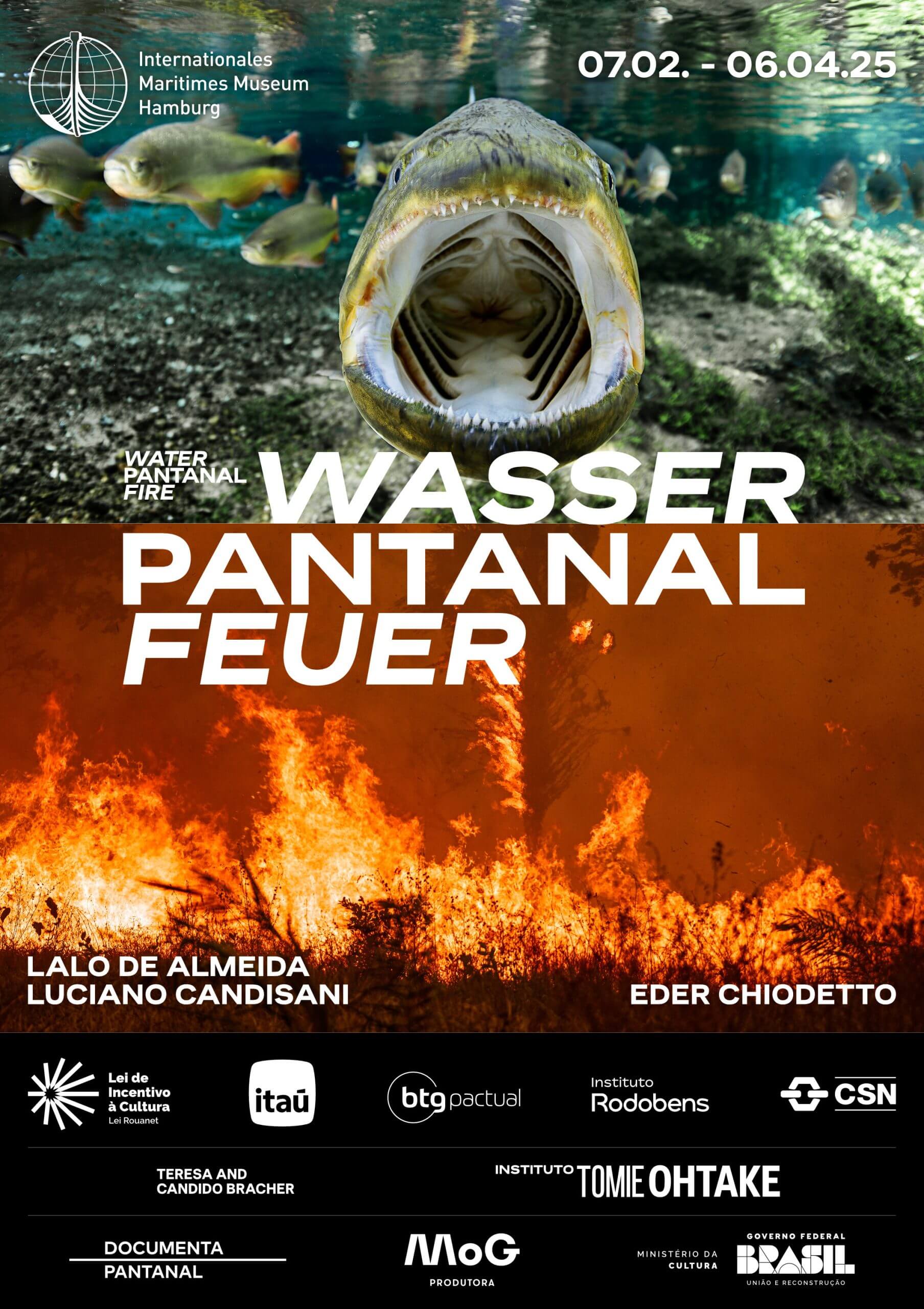 Oben ein weit geöffnetes Raubfischmaul unter Wasser mit mehreren Fischen, unten lodernde Brandlandschaft und mittig der große Schriftzug WASSER PANTANAL FEUER.