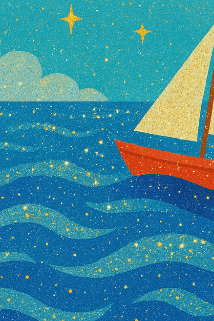 Grafische Posterillustration: ein rot gestrichenes Segelboot mit goldenen Segeln fährt über glitzernde, wellige Blautöne des Meeres unter einem türkisfarbenen Himmel mit goldener Sonne und Sternen; oben der Titel „Glitzern auf See“, unten in gelber Schrift „Ferienworkshop für Kinder“.