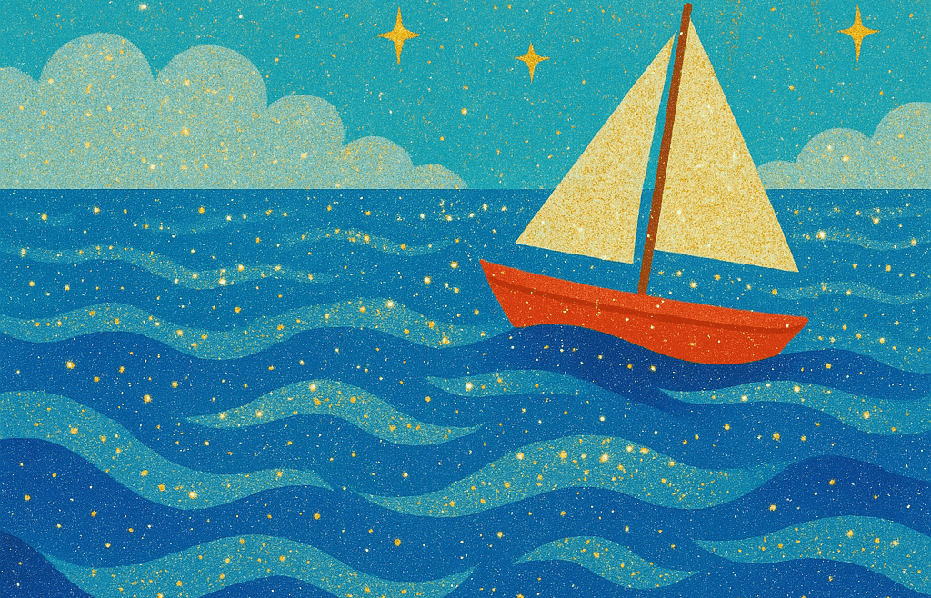 Grafische Posterillustration: ein rot gestrichenes Segelboot mit goldenen Segeln fährt über glitzernde, wellige Blautöne des Meeres unter einem türkisfarbenen Himmel mit goldener Sonne und Sternen; oben der Titel „Glitzern auf See“, unten in gelber Schrift „Ferienworkshop für Kinder“.