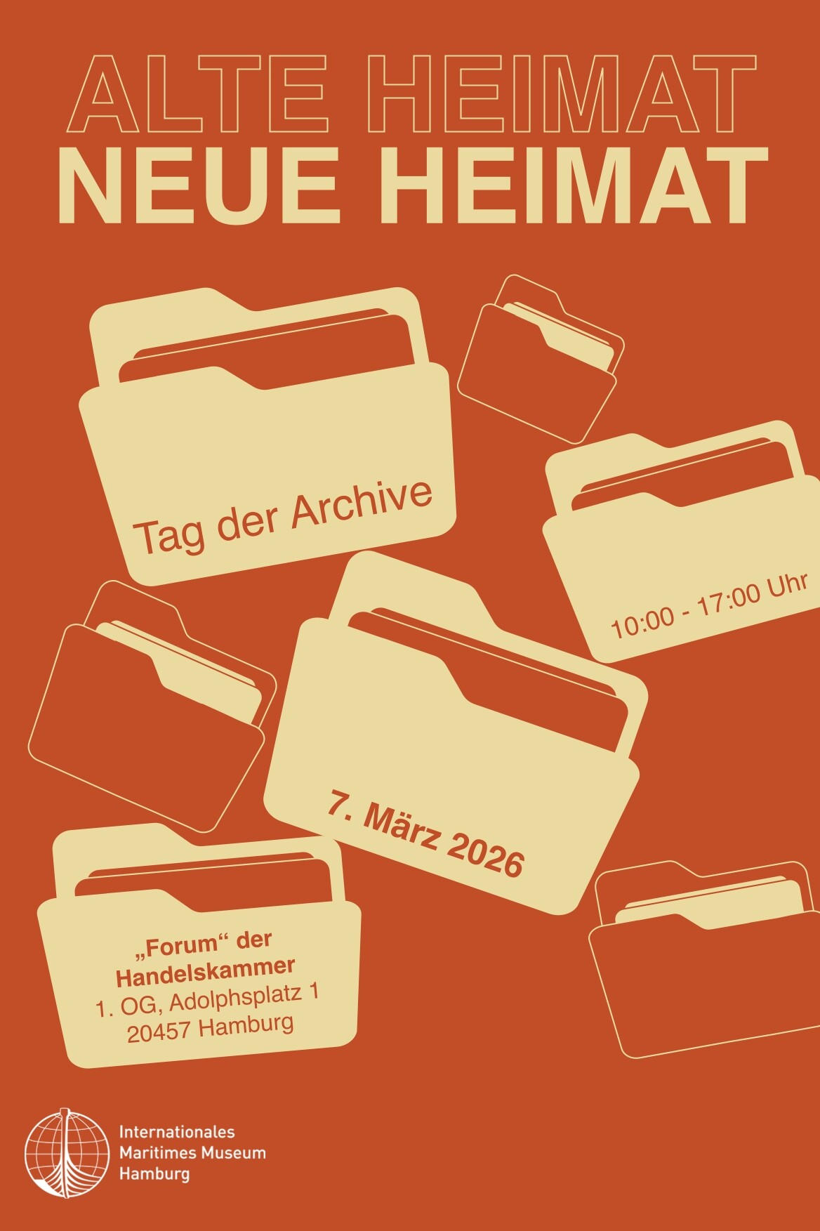 Veranstaltungsplakat zum Tag der Archive 2026 in Hamburg mit dem Motto „Neue Heimat – Alte Heimat“, 7. März 2026, Handelskammer Hamburg.