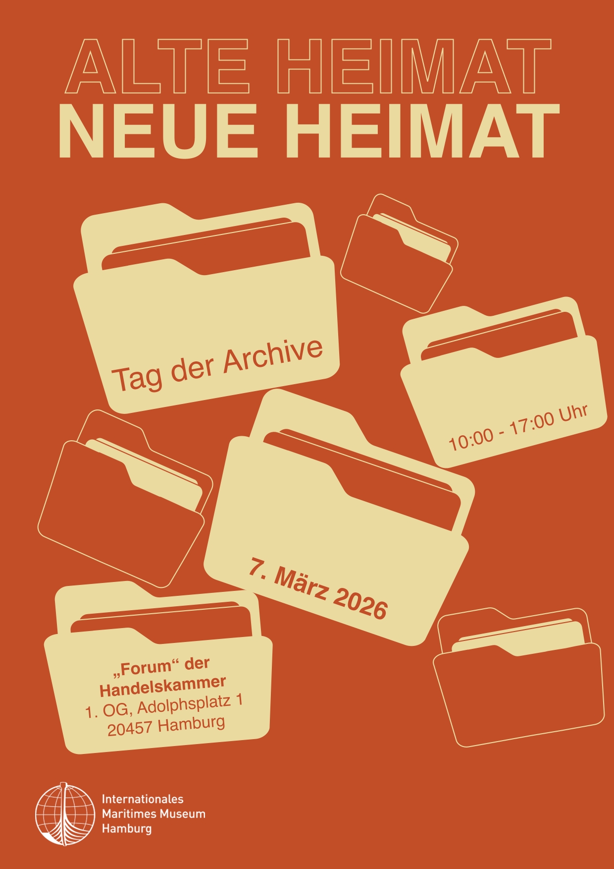 Veranstaltungsplakat zum Tag der Archive 2026 in Hamburg mit dem Motto „Neue Heimat – Alte Heimat“, 7. März 2026, Handelskammer Hamburg.