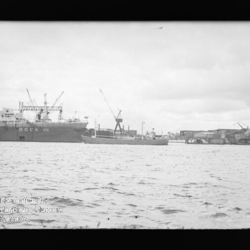 Hafenpanorama mit mehreren Frachtschiffen und Kränen; großes Schiff links mit Aufschrift 