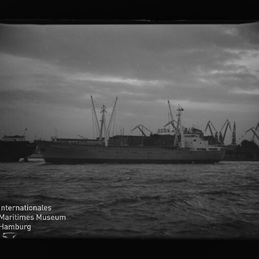 Frachtschiff im Hafen vor Kransilhouette bei bewölktem Himmel, Wellen im Vordergrund und Museumslogo unten links.