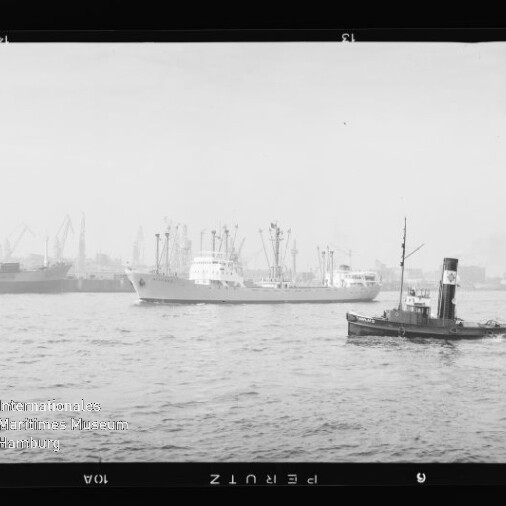 Frachtschiff in der Hafeneinfahrt, im Vordergrund ein Schlepper und im Hintergrund Hafenkräne sowie weitere Schiffe.