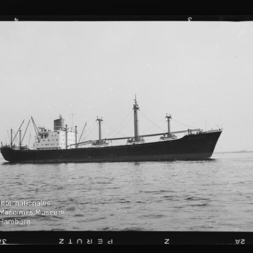 Dunkles Frachtschiff mit Aufbauten, mehreren Ladekränen und Masten auf ruhiger See.