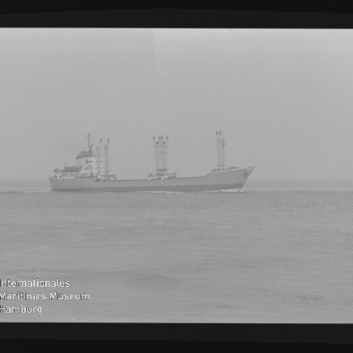 Frachtschiff mit drei Kränen bei diesigem Horizont; unten links Logo und Schriftzug 'Maritimes Museum Hamburg'.