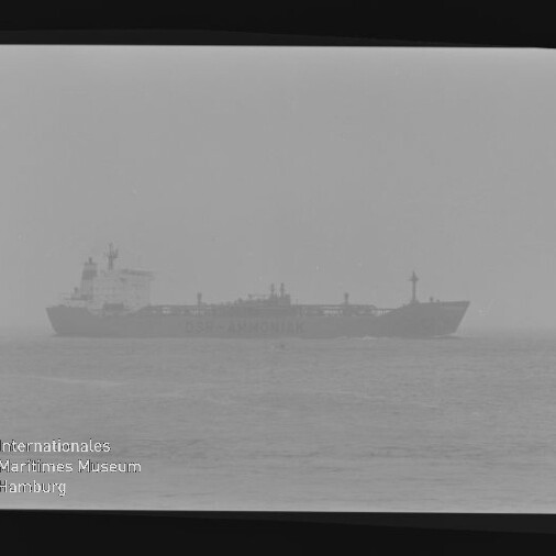 Großes Frachtschiff in dichtem Nebel auf ruhiger See, leicht verschwommen; Maritimes Museum Hamburg-Logo unten links.