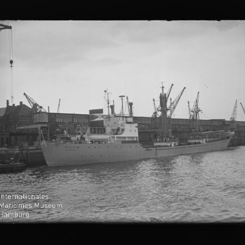 Frachtschiff liegt am Industriehafen vor Lagerhallen, zahlreiche Hafenkräne ragen über ruhiges Wasser.