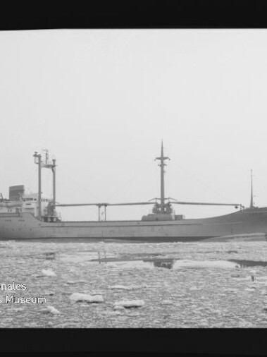 Frachtschiff in Seitenansicht auf eisbedeckter See, schwarzweiß Fotografie mit Museumswasserzeichen unten links.