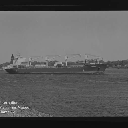 Frachtschiff mit vier Ladekränen fährt vor flachem Ufer, Wasserzeichen des Internationalen Maritimen Museums Hamburg unten links.