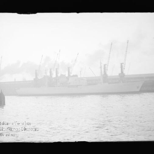 Großes Frachtschiff am Kai vor mehreren Hafenkränen, rauchige Dunststimmung und eine Boje im Vordergrund.