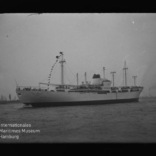 Großes Frachtschiff in Seitenansicht auf ruhigem Wasser, beflaggte Masten und Aufbauten, schwache Hafenkonturen im Hintergrund.