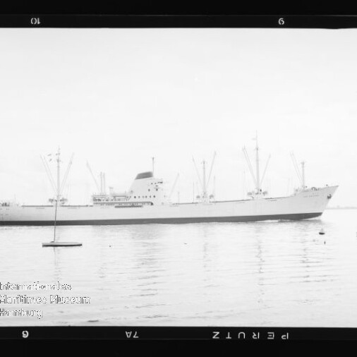 Großes Frachtschiff mit Ladekränen und Aufbauten auf ruhiger See, zwei kleine Segelboote davor.