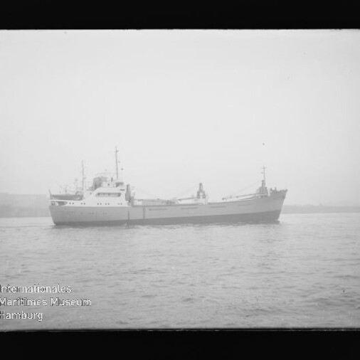 Graustufenfoto eines Frachtschiffs im Nebel auf ruhiger See, links unten das Wasserzeichen 