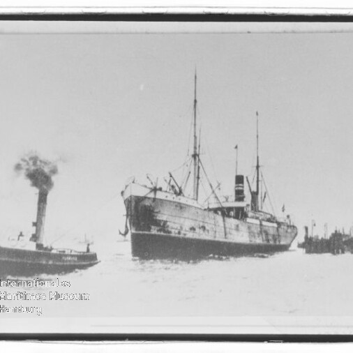Großes Dampfschiff neben Schlepper auf ruhigem Wasser; historisches Schwarzweiß-Foto.