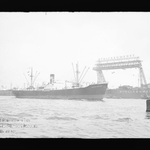 Frachtschiff passiert eine Werft mit großer Auslegerbrücke im Hafen, Wasser im Vordergrund.