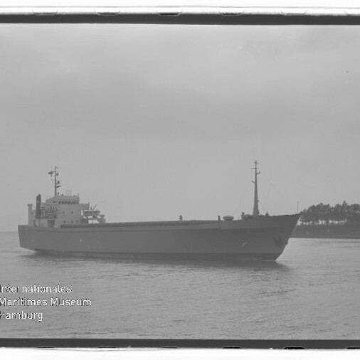 Großes Frachtschiff auf ruhigem Wasser vor bewaldeter Küste; unten links Stempel Internationales Maritimes Museum Hamburg.
