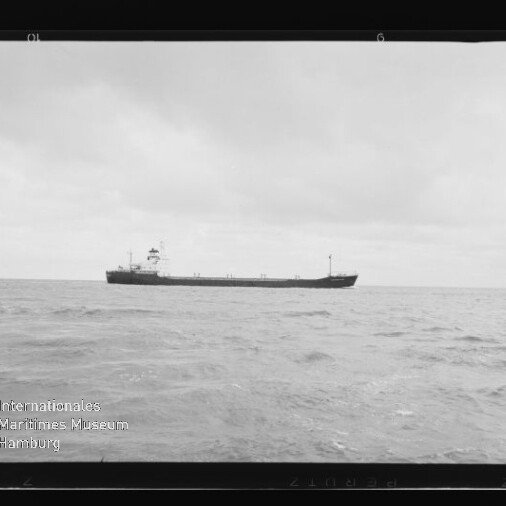 Großer Frachter auf ruhiger See unter wolkigem Himmel, mit Internationales Maritimes Museum Hamburg-Wasserzeichen.