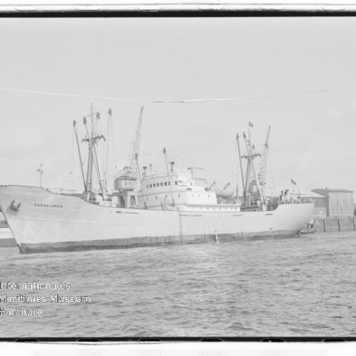 Großes Frachtschiff mit Ladekränen liegt am Kai eines Industriehafens neben ruhiger Wasserfläche.