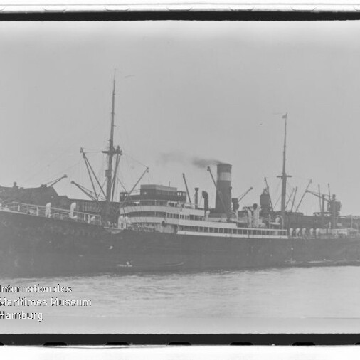 Großes Dampfschiff mit Schornstein, Masten und Ladekränen vor Hafenbauten; Wasserzeichen Internationales Maritimes Museum Hamburg.