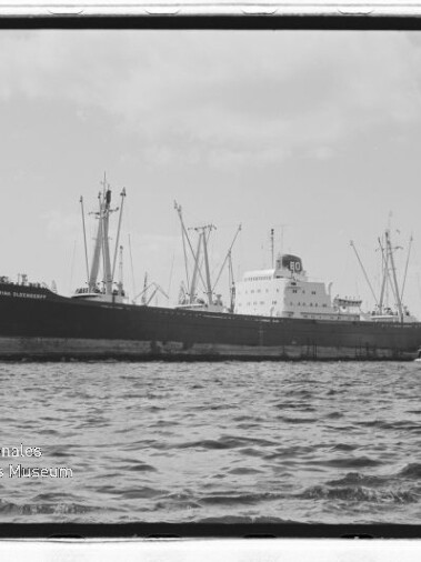 Großes Frachtschiff mit Ladekränen und kleinem Schlepper im Hafen, Schwarzweißaufnahme mit Museumswasserzeichen.