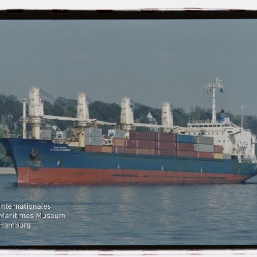 Frachtschiff mit gestapelten Containern und Deckskranen fährt ruhig an einem bewaldeten, mit Häusern gesäumten Ufer vorbei.