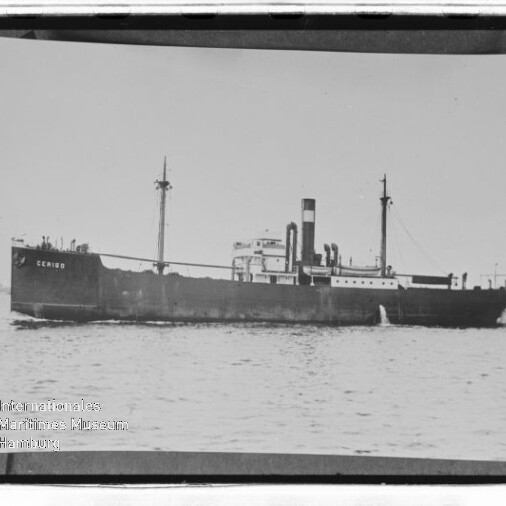 Frachtschiff mit hohem Schornstein und zwei Masten, Name am Bug sichtbar, fährt auf ruhiger See.