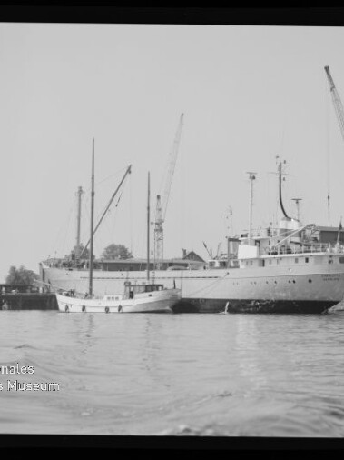 Großes und kleines Schiff am Kai vor mehreren Hafenkränen, ruhige Wasserfläche und sichtbarer Kodak-Filmrand