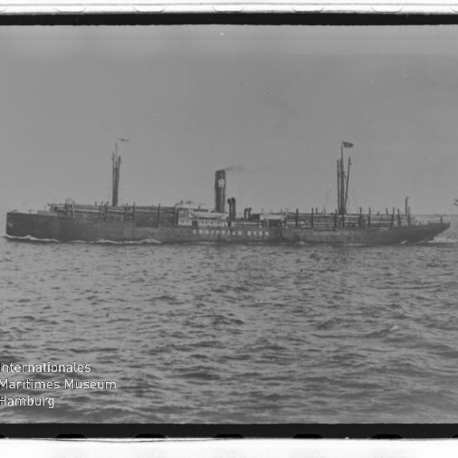 Dampfschiff mit mittigem Schornstein und Masten auf ruhiger See, Wasserzeichen des Internationalen Maritimen Museums Hamburg