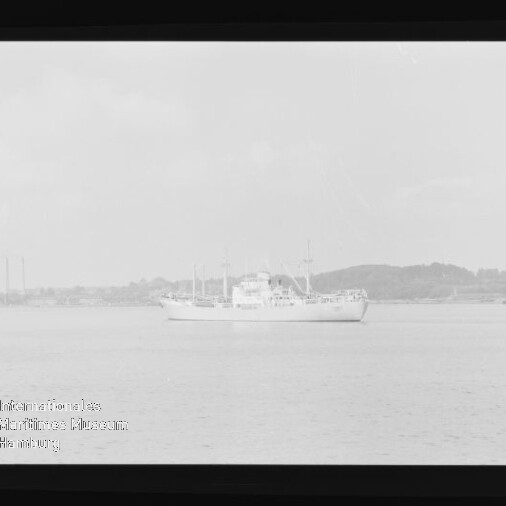 Weißes Schiff auf ruhigem Wasser vor flacher Küstenlinie, Museumslogo und Schriftzug unten links sichtbar.