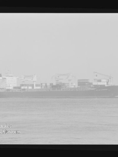 Frachtschiff mit Containern und Deckkränen auf ruhiger See, blasses Negativ mit Wasserzeichen 