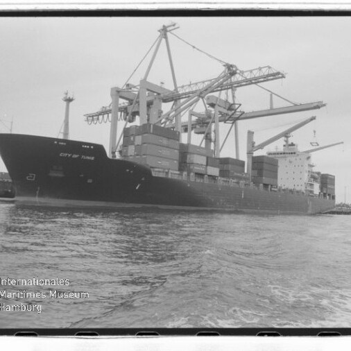 Großes Containerschiff liegt am Kai, mit gestapelten Containern und mehreren Hafenkränen beim Be- oder Entladen.