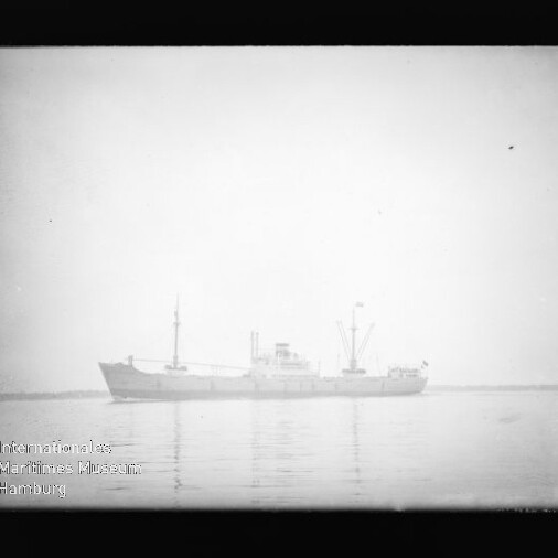 Frachtschiff auf ruhigem Meer, neblige Silhouette mit Spiegelung und sichtbarem Wasserzeichen des Maritimen Museums.
