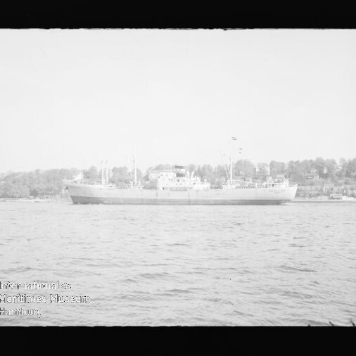 Großes Frachtschiff in Seitansicht auf ruhiger See vor bewaldeter Küste mit Häusern; Museumsstempel unten links.