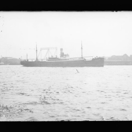 Frachtschiff mit Schornstein auf ruhiger See vor Hafenkränen im Hintergrund, Museumsbeschriftung unten links.