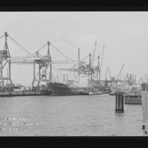 Schwarzweißaufnahme eines Industriehafens mit zahlreichen großen Hafenkränen und anliegenden Frachtschiffen, im Vordergrund Wasser, Poller und Holzpfähle, unten links sichtbares Museumswasserzeichen.