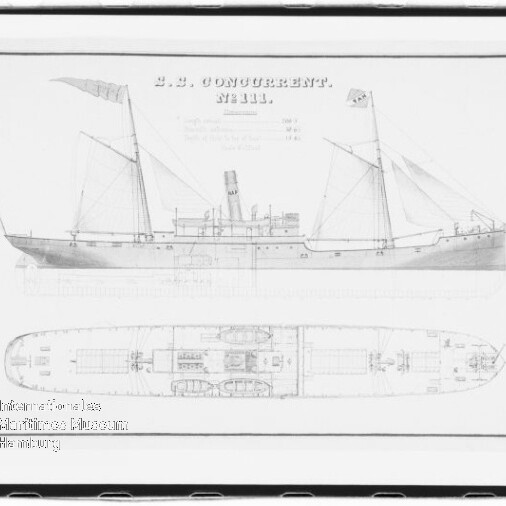 Schwarz-weiße technische Zeichnung eines Dampfschiffs in Seitenansicht oben und Decksplan unten, mit zwei Masten, zentralem Schornstein, Takelage, dekorativem Rahmen und Archivstempel unten links.