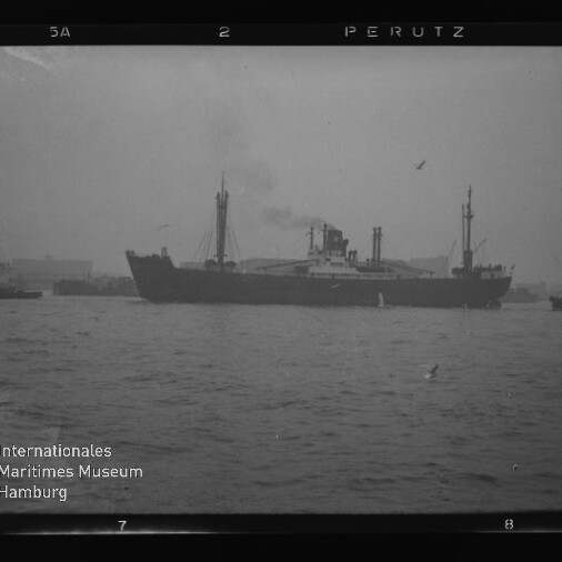 Schwarzweißaufnahme eines großen Dampffrachtschiffs als dunkle Silhouette mittig im Hafen, vor nebliger Hafenanlage mit Schleppern und Möwen, Wasserzeichen des Internationalen Maritimen Museums Hamburg unten links.