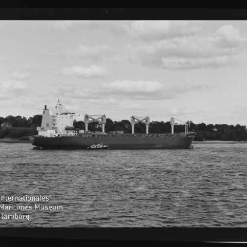 Großes Frachtschiff mit mehreren Ladekränen, begleitet von einem kleinen Schlepper, fährt auf ruhiger See vor einer baumgesäumten Küste unter bewölktem Himmel; im Vordergrund das Logo des Internationalen Maritimen Museums Hamburg.