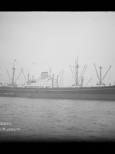 Schwarzweißaufnahme eines langen Frachtschiffs im Hafen mit mehreren Ladekränen und Aufbauten in Mittschiff, Wasser im Vordergrund und dem Logo des Internationalen Maritimen Museums Hamburg unten links.