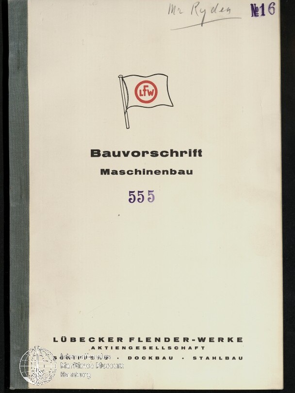 Cover einer cremefarbenen technischen Broschüre mit schwarzem Leinenrücken, Flaggenlogo mit rotem 
