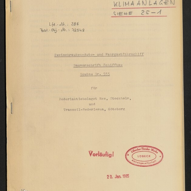 Titelblatt eines Dokuments der Lübecker Flender‑Werke: handschriftlich oben rechts 'KLIMAANLAGEN', Betreff 'Zweischrauben‑Auto‑ und Fahrgastfährschiff – Bauvorschrift, Neubau Nr. 555' für Rederiaktiebolaget Rex (Stockholm) und Transoil‑Rederierna (Göteborg), mit rotem Stempel 'Vorläufig', Datum 20. Jan. 1965 und ovalem Firmenstempel.