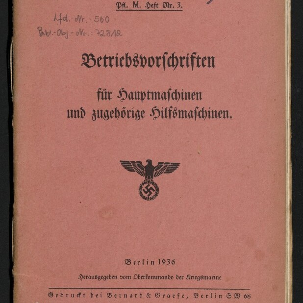 Rosa-brauner Buchdeckel eines deutschen technischen Handbuchs von 1936 mit schwarz gedrucktem Frakturschrift-Titel 