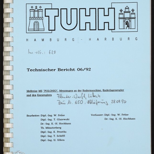 Titelblatt eines hellblauen, spiralgebundenen Berichts der Technischen Universität Hamburg‑Harburg mit großem TUHH‑Logo oben, der Überschrift „Technischer Bericht 06/92“, handschriftlichen Notizen in der Mitte sowie Autorenliste und Museumsstempel unten links.