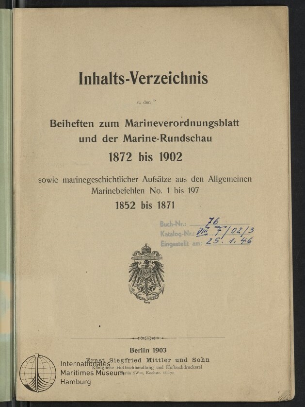 Titelblatt eines Inhaltsverzeichnisses mit der Überschrift 