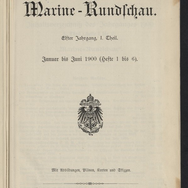 Titelblatt der Zeitschrift Marine‑Rundschau (Januar bis Juni 1900) mit großem schwarzschriftigen Titel, violettem Stempel der Stettiner Maschinenbau‑Actien‑Gesellschaft Vulcan oben, kleingedruckten Jahrgangsangaben, einem kaiserlichen Adlerwappen in der Mitte und Museumslogo unten links.